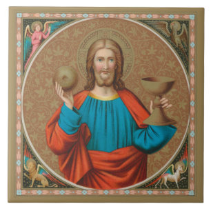 Jesus Holding Up the Eucharist (SNV 050) Ceramic Tile
