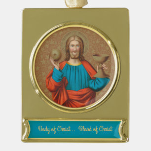 Jesus Holding Up the Eucharist (SNV 050) Gold Plated Banner Ornament