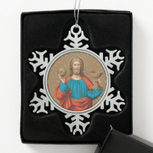 Jesus Holding Up the Eucharist (SNV 050) Snowflake Pewter Christmas Ornament