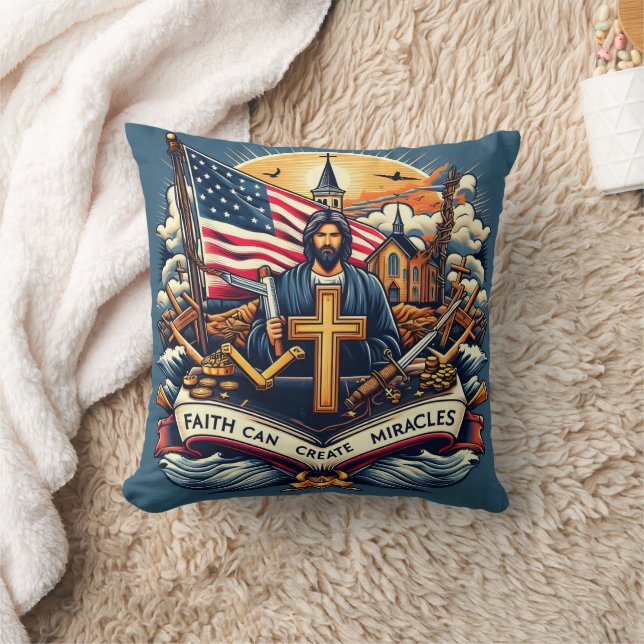 Jesus holds a cross with symbols of faith and hope cushion (Blanket)