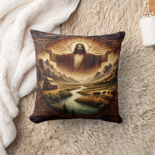 Jesus in Majestic Landscape at Sunrise Cushion
