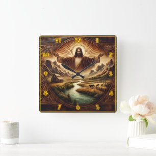 Jesus in Majestic Landscape at Sunrise Square Wall Clock