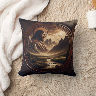 Jesus in Majestic Mountain Landscape at Dusk Cushion