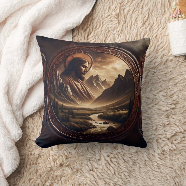 Jesus in Majestic Mountain Landscape at Dusk Cushion (Blanket)