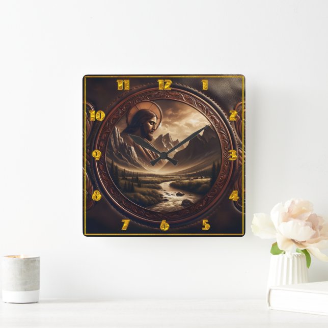 Jesus in Majestic Mountain Landscape at Dusk Square Wall Clock (Home)