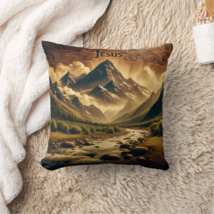 Jesus in Majestic Mountain Landscape With River Cushion
