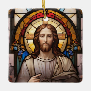 Jesus in stained glass style 2 ceramic ornament