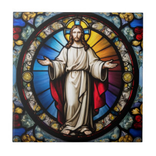 Jesus in stained glass style ceramic tile