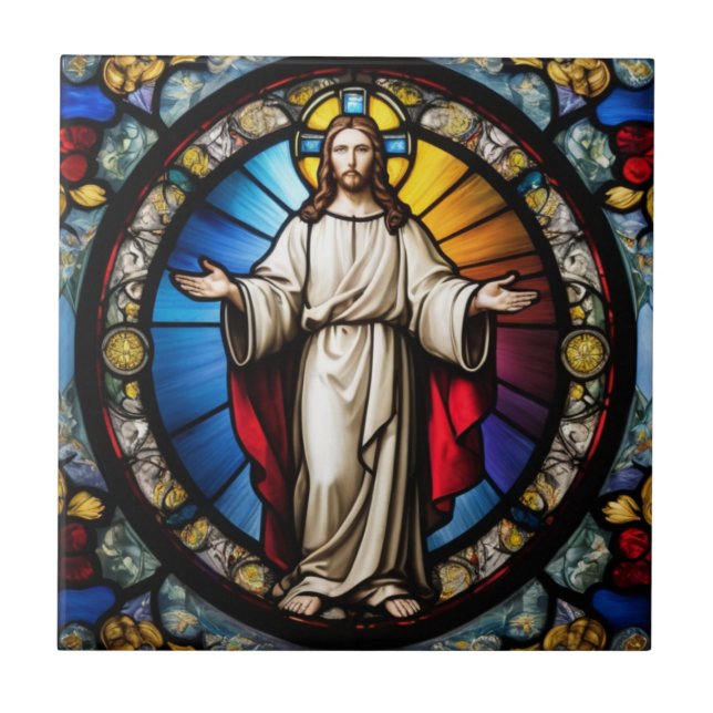 Jesus in stained glass style ceramic tile (Front)