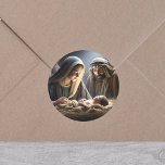 Jesus in the Manger Classic Round Sticker<br><div class="desc">Mary,  Joseph and baby Jesus in the manger religious Christmas stickers.</div>