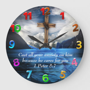 Jesus in the rippling water  1 Peter 5:7  Large Clock