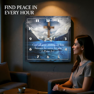 Jesus in the rippling water  1 Peter 5:7 Square Wall Clock