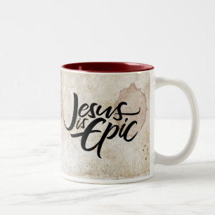 Jesus is Epic Lettering Christian Calligraphy Red Two-Tone Coffee Mug