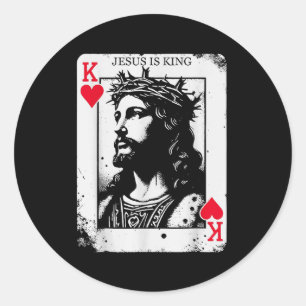 Jesus is king card christian king of hearts design classic round sticker