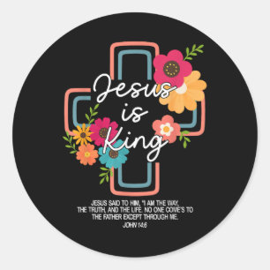 Jesus Is King Floral Christian Cross God Faith Bib Classic Round Sticker