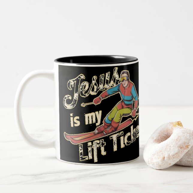  Jesus Is My Lift Ticket Funny Christian Saying  Two-Tone Coffee Mug (With Donut)