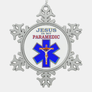 JESUS IS MY PARAMEDIC SNOWFLAKE PEWTER CHRISTMAS ORNAMENT