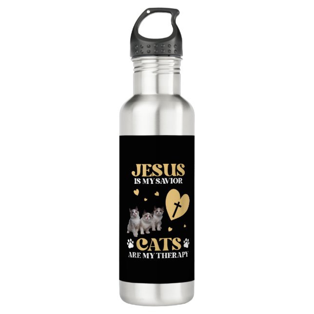 Jesus Is My Saviour Cats Are My Therapy Christian  710 Ml Water Bottle (Front)