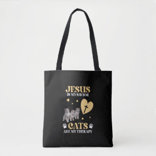 Jesus Is My Saviour Cats Are My Therapy Christian Tote Bag