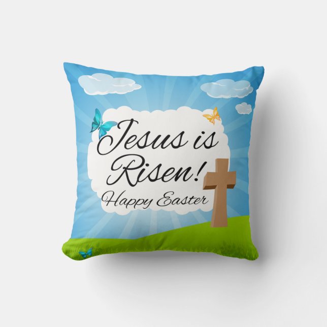 Jesus is Risen, Christian Easter Cushion (Front)