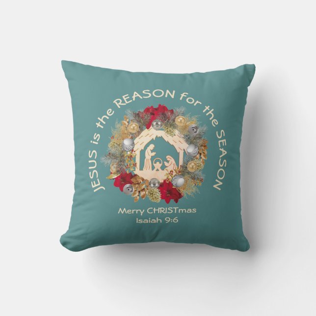JESUS IS THE REASON Blue Christian Throw Pillow (Front)