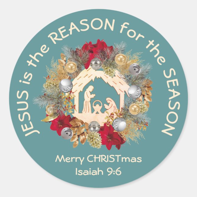 JESUS IS THE REASON Blue Christmas Classic Round Sticker (Front)