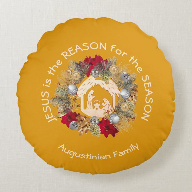 JESUS IS THE REASON Christmas Wreath Nativity Round Cushion (Front)
