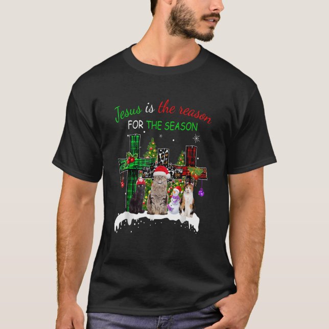 Jesus Is The Reason For Season Christmas Cat Jesus T-Shirt (Front)