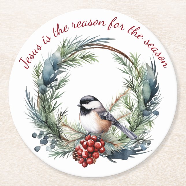 JESUS IS THE REASON FOR SEASON Christmas quote Round Paper Coaster (Front)