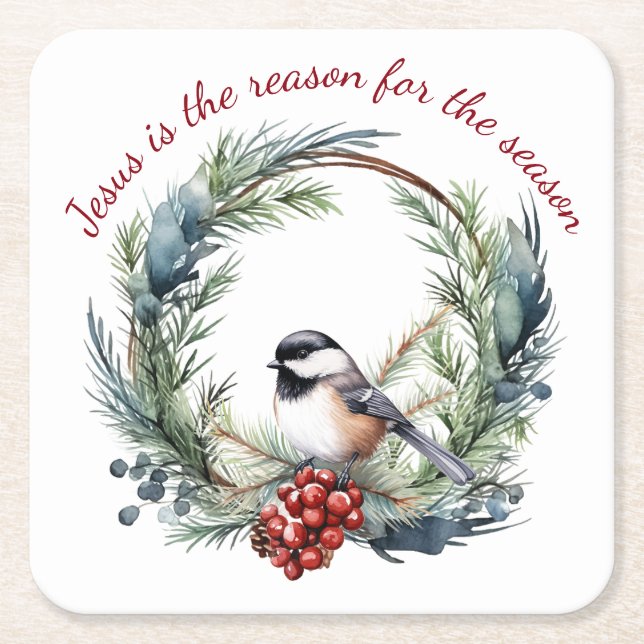 JESUS IS THE REASON FOR SEASON Christmas quote Square Paper Coaster (Front)