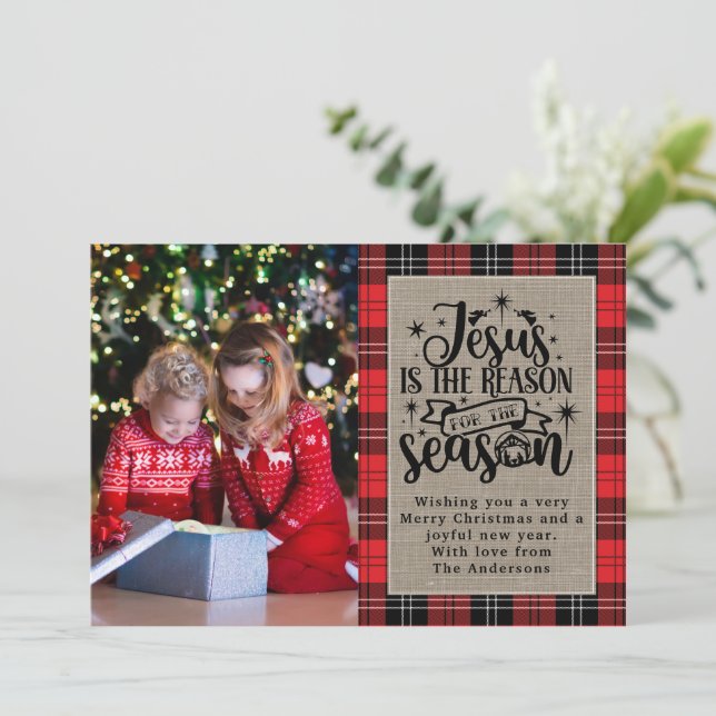 Jesus is the Reason for the Season Buffalo Plaid Holiday Card (Standing Front)