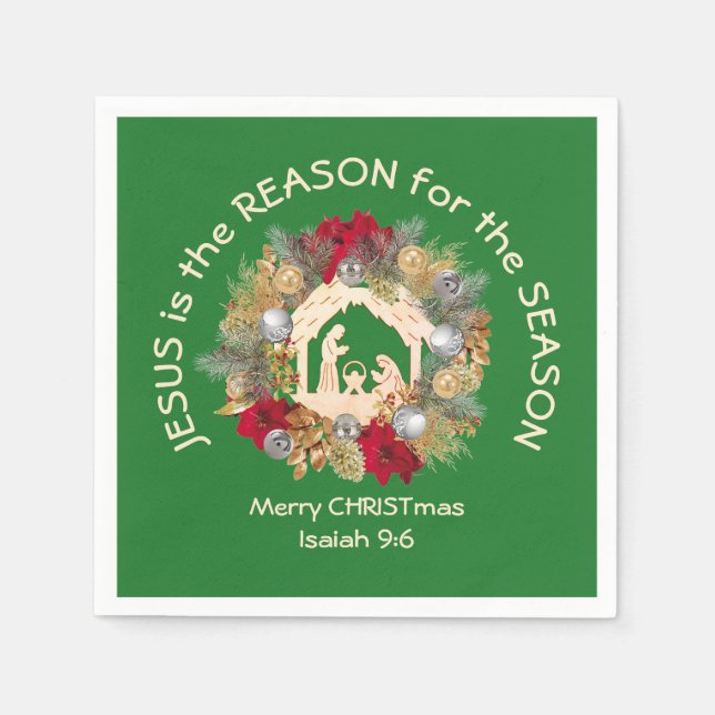 JESUS IS THE REASON Green Christmas Paper Napkins (Front)