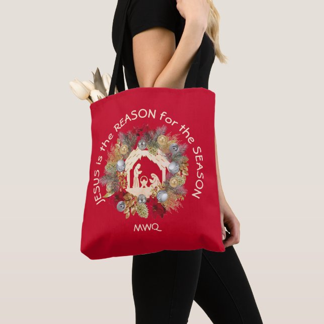 JESUS IS THE REASON Monogram Christmas Tote Bag (Close Up)