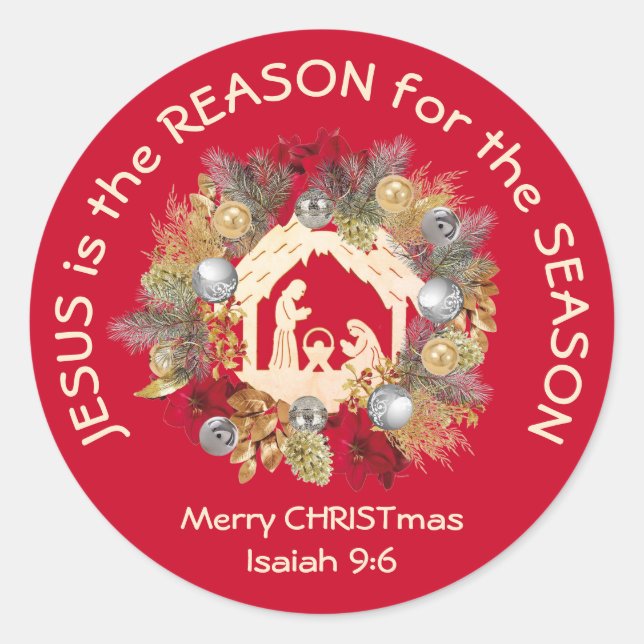 JESUS IS THE REASON Red Christmas Classic Round Sticker (Front)