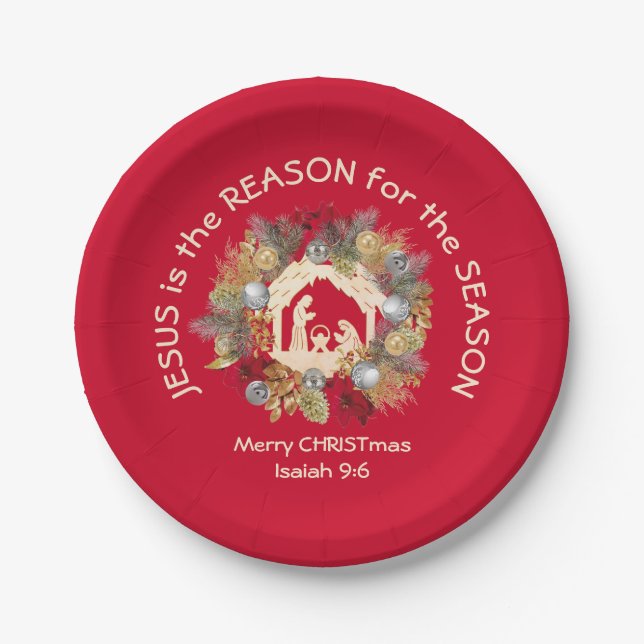 JESUS IS THE REASON Red Christmas Paper Plate (Front)