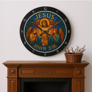 Jesus John 3:16 Stained Glass Round Clock