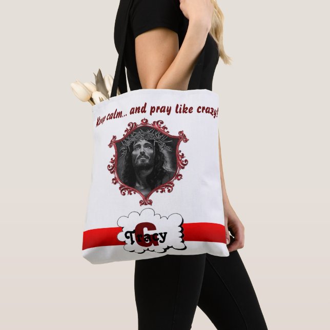 Jesus Keep calm & pray like crazy monogram bag.b2 Tote Bag (Close Up)