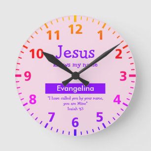 JESUS KNOWS MY NAME Pretty Pink Personalised Girls Round Clock