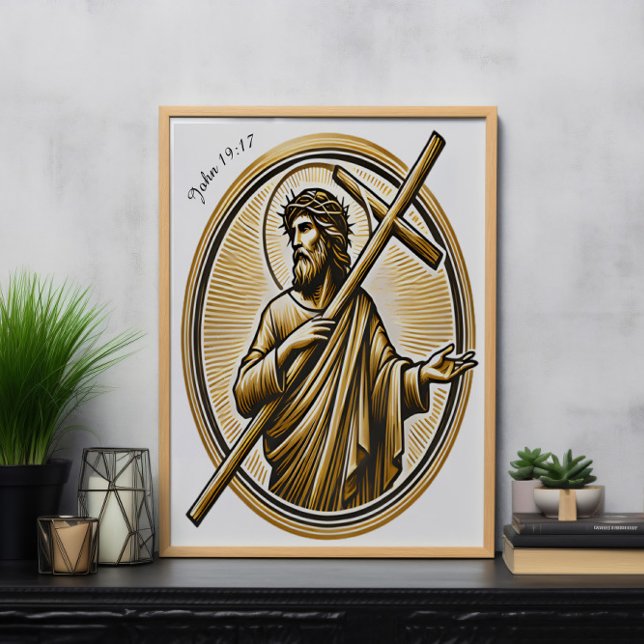 Jesus Lifting Golden Cross with Love Poster (Creator Uploaded)