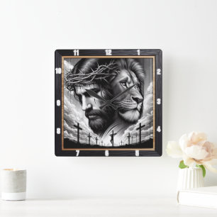Jesus Lion Cross Faith Square Wall Clock