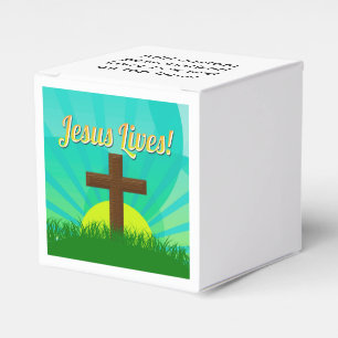Jesus Lives Blue/Brown Christian Easter Cross Favour Box