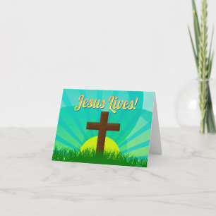 Jesus Lives Blue/Brown Christian Easter Cross Holiday Card