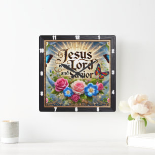 Jesus Lord Savior Floral Butterflies Square Wall Clock