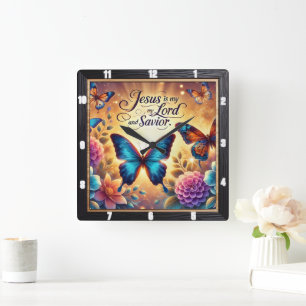 Jesus Lord Saviour Golden Butterflies Square Wall Clock