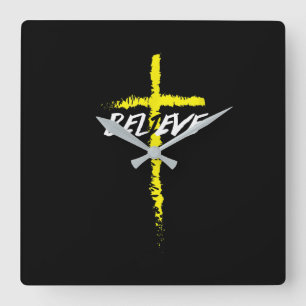 Jesus Love   Believe Cross Jesus Christ Religion Square Wall Clock