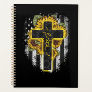 Jesus Love   Faith Christian Sunflower USA Flag Planner