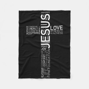Jesus Love White On Black Christian Cross Design  Fleece Blanket