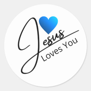 Jesus Love You Black Script Blue Heart Classic Round Sticker