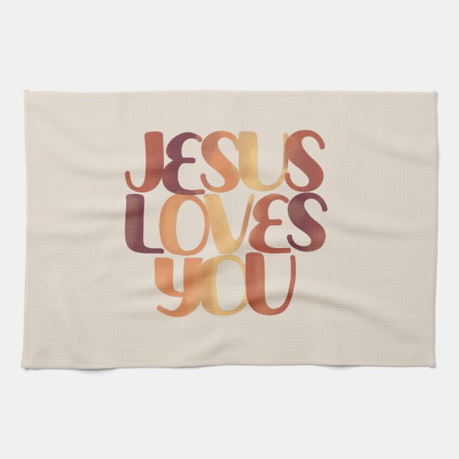 Jesus Loves Christian Typography Design  Tea Towel (Horizontal)