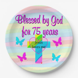 JESUS LOVES ME 75TH BIRTHDAY PAPER PLATES